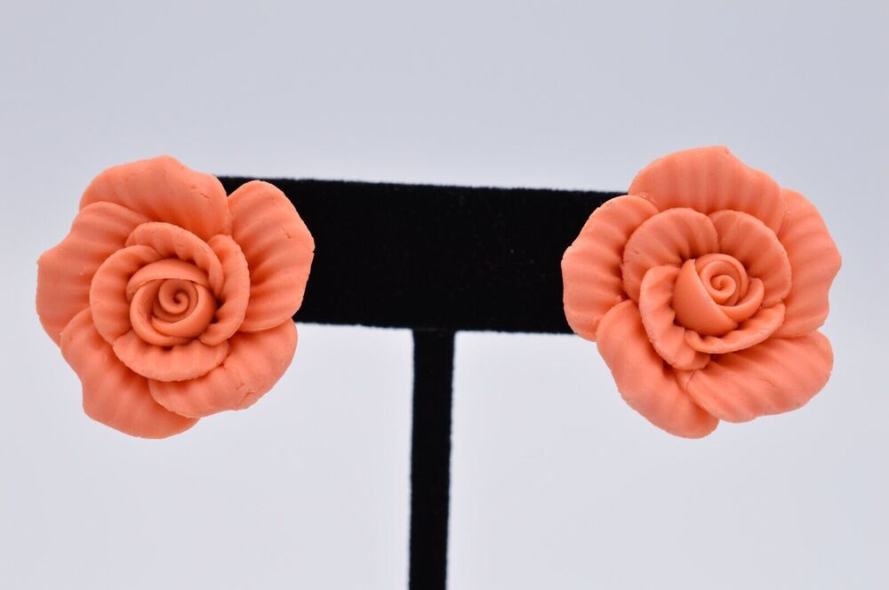 Vintage Rose Clip On Earrings Clay Molded Pink Flower Spring Bold 1980s BinAF